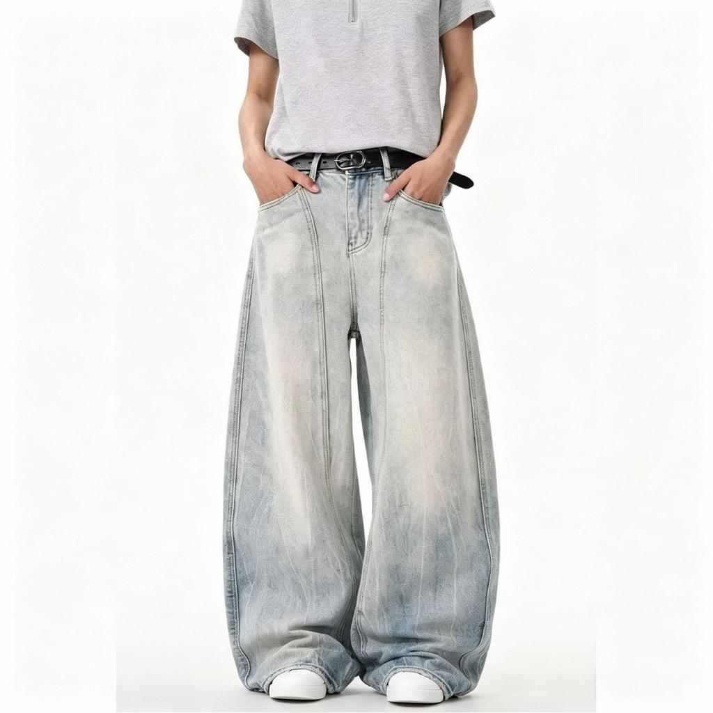 American Retro Washed Scimitar Wide-leg Jeans Men's Trendy Brand Loose Straight Casual Mopping Long Pants
