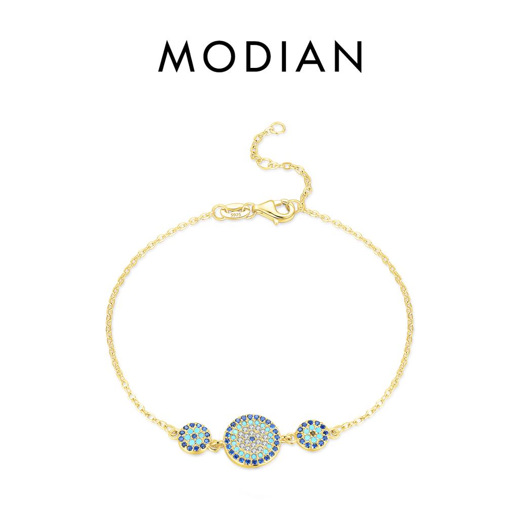 MODIAN Pure 925 Silver Luxury Turquoise Blue Eyes Clear Cubic Zircon Crystal Link Chain Bracelet For Women Fine Jewelry