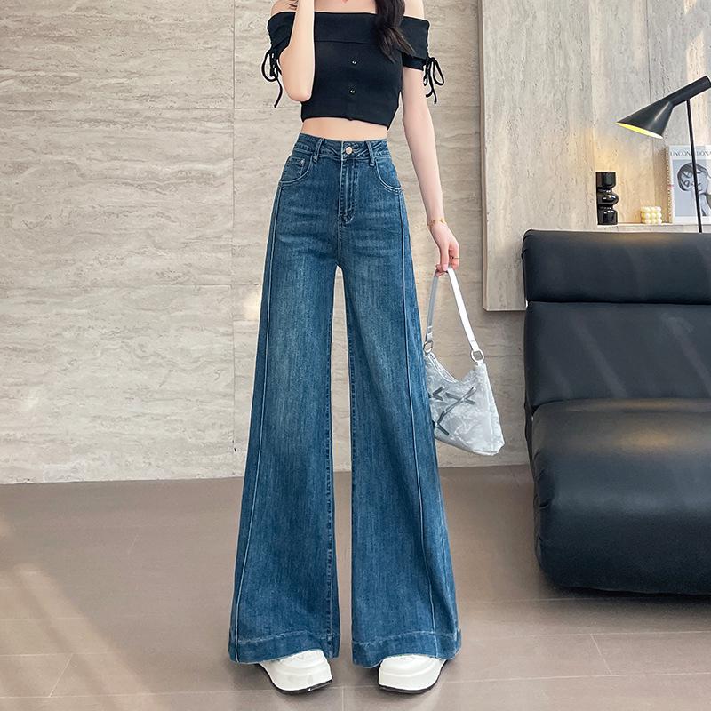 

Women s High-Waisted Blue Flare Jeans with Fleece Lining, Autumn/Winter Style, Loose Fit, Retro Bell Bottoms, Elastic Waist. X-Large