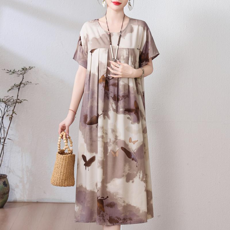 Plus Size Loose Vintage Print Langes Kleid für Damen Lässige Kurzarm-Sommer-Damenkleider