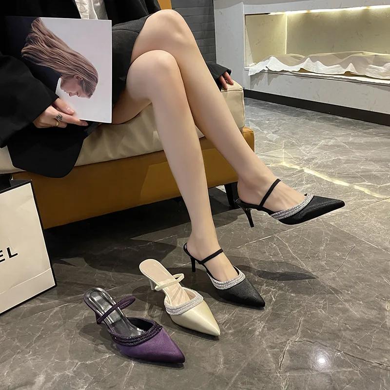 Fashion Pointed Purple Fine Heel Water Diamond Shoes Women Fashion Silk Sandals French Sexy High Heels Designer Sandals Zapatos Mujer
