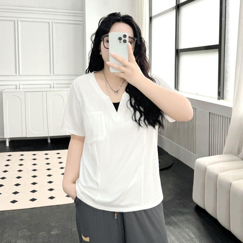 

Plus size women clothing [Street Layered t-shirt] Chubby Girl Summer Design Button 100.00kg Short sleeve V-neck Top Cheese White 8xl