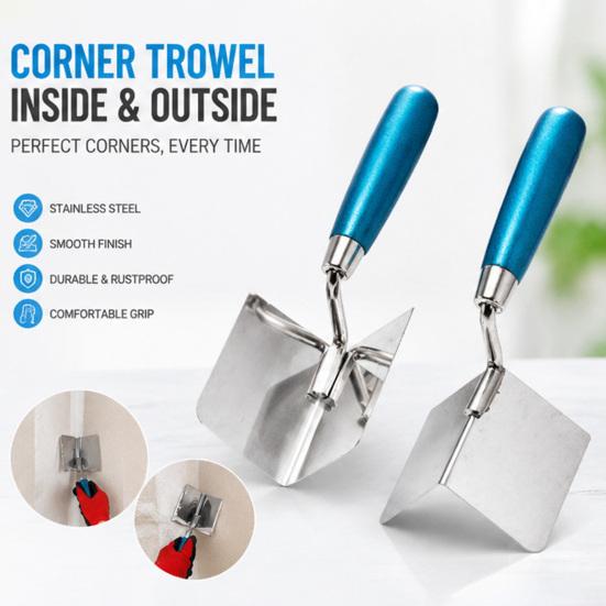 2Pcs Stainless Steel Drywall Corner Trowel with Soft Grip Handle Interior Exterior Corner Blades Ergonomic Anti-Slip Rubber Handle Masonry Corner Tool