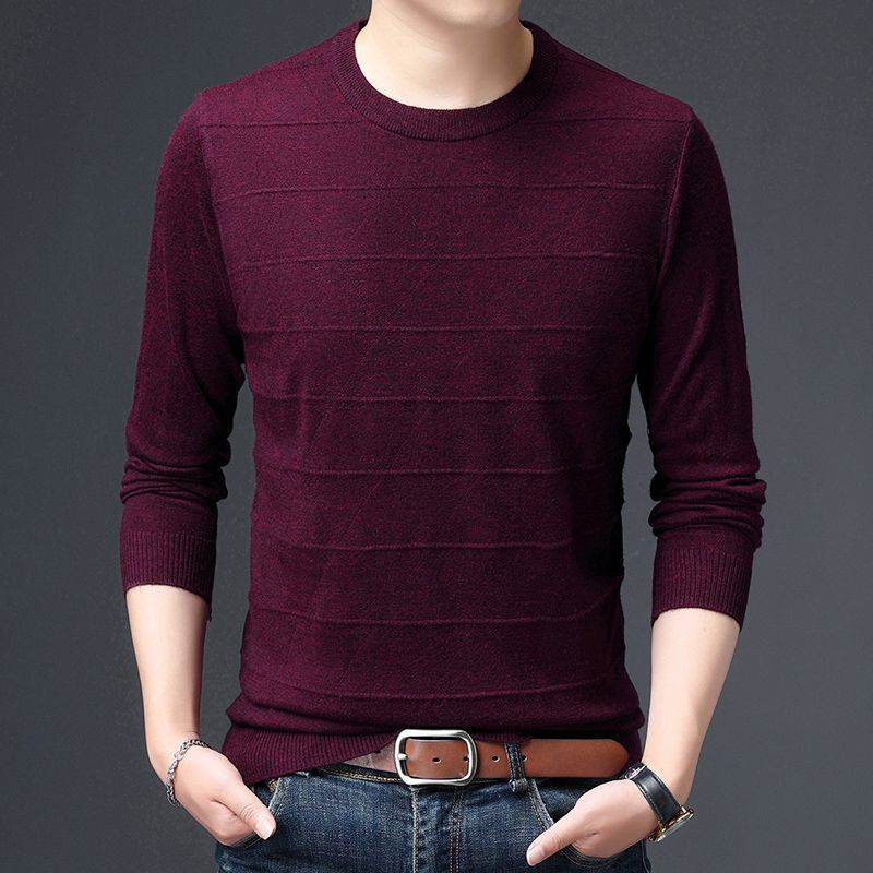 Men's Sweater Knitted Sweater Solid Color Striped Jacquard Round Neck Long Sleeved Base Top