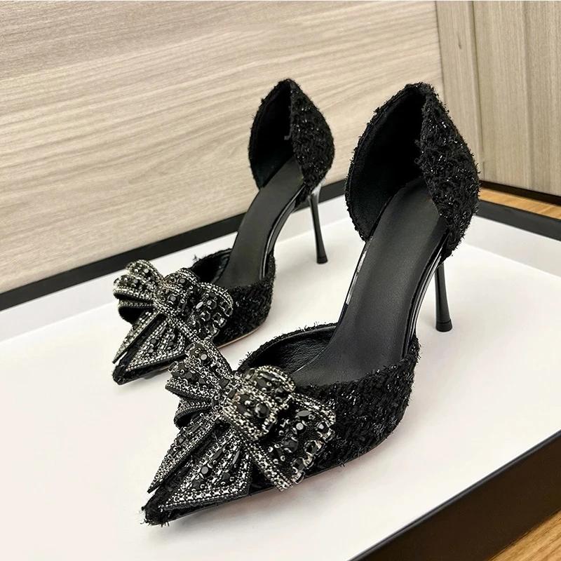 Fashion Luxury Pearl Crystal Bowtie White Wedding Shoes Women Spring Brand Designer High Heels Pumps Woman Thin Heeled Party Shoes