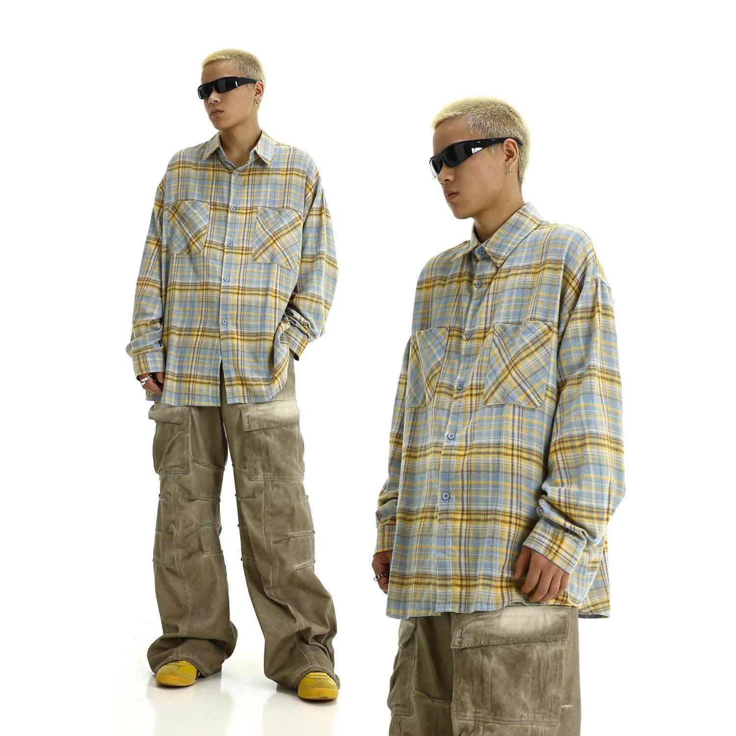 

Рубашка в клетку в американском стиле в стиле ретро для мужчин, весна-осень, уличный тренд, свободная повседневная рубашка с длинным рукавом для пары, пальто 2XL жёлтый