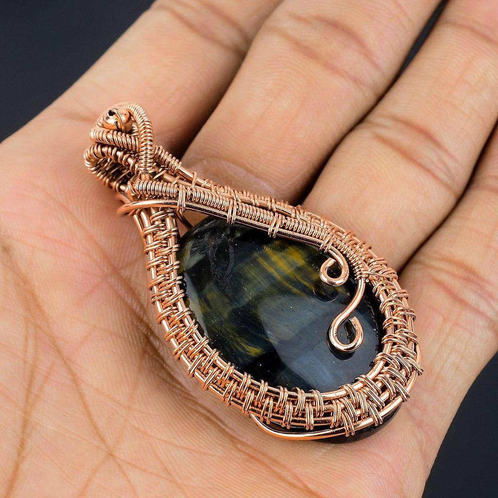 Blue Tiger Eye Pendant, 999 Copper Wire Wrapped Pendant Jewelry. Gift For Women Handmade Pendant Gemstone Jewelry