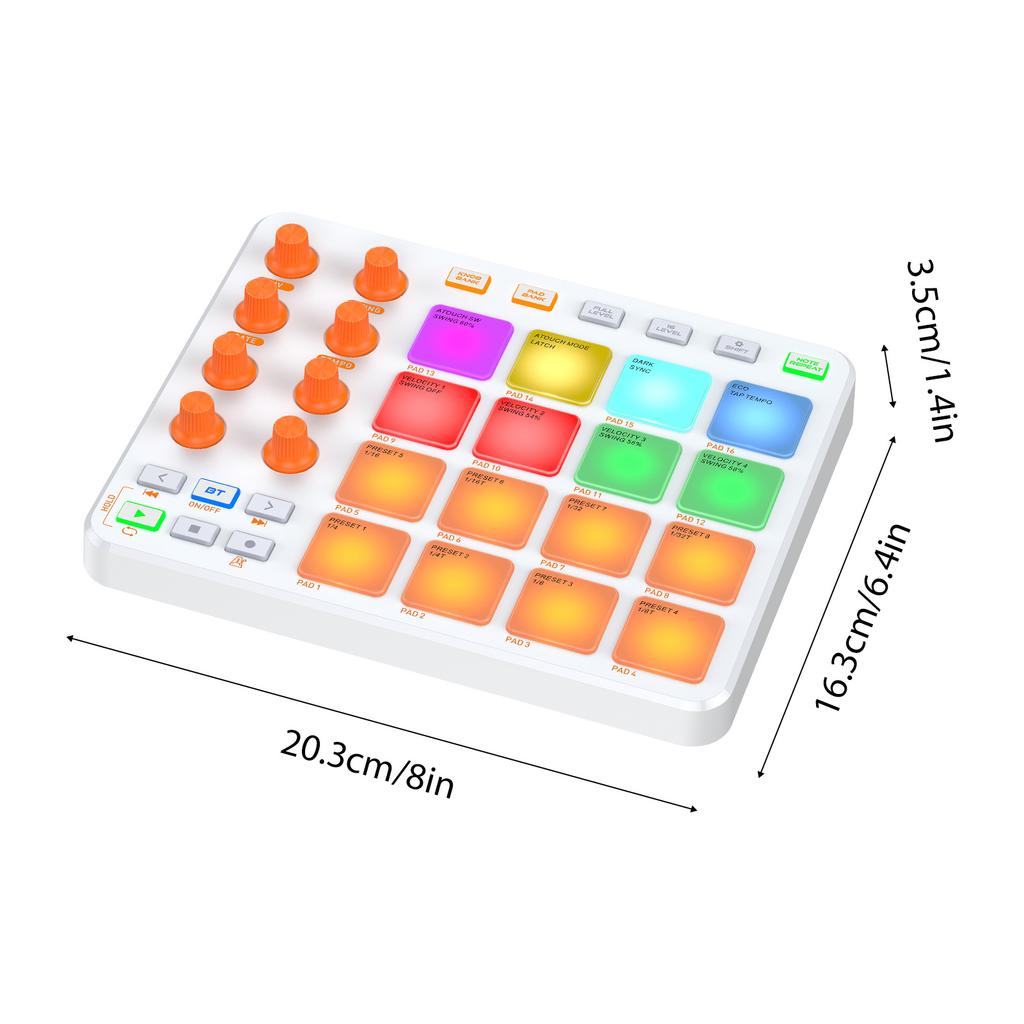 MIDI Controller Wireless MIDI Keyboard Pad 16 RGB Pads 6 Customizable Buttons 8 Knobs Rechargeable PC Mobile App