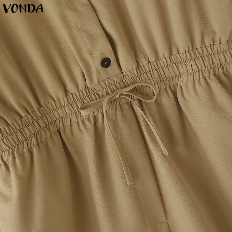 VONDA Women Lapel Collar Half Sleeve Loose Casual Short Jumpsuits Rompers Overalls