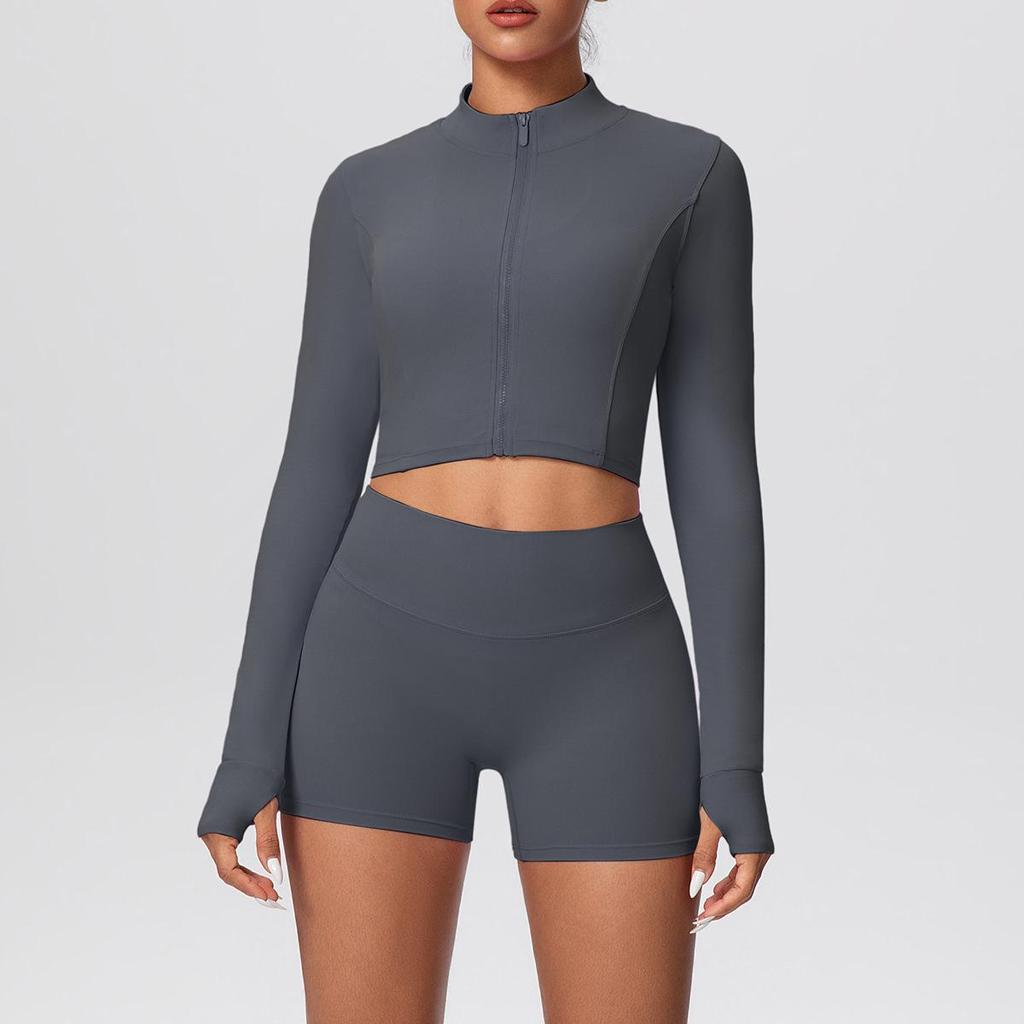 Women's High-Waisted Yoga Set: Short Zipper Jacket & Hip-Lifting Shorts