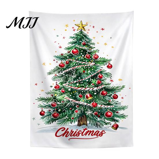 Indoor Holiday Wall Art Merry Christmas Tapestry, Hanging Fabric Backdrop, Xmas Tree Winter Seasonal Room Ornament for Living Room, Bedroom