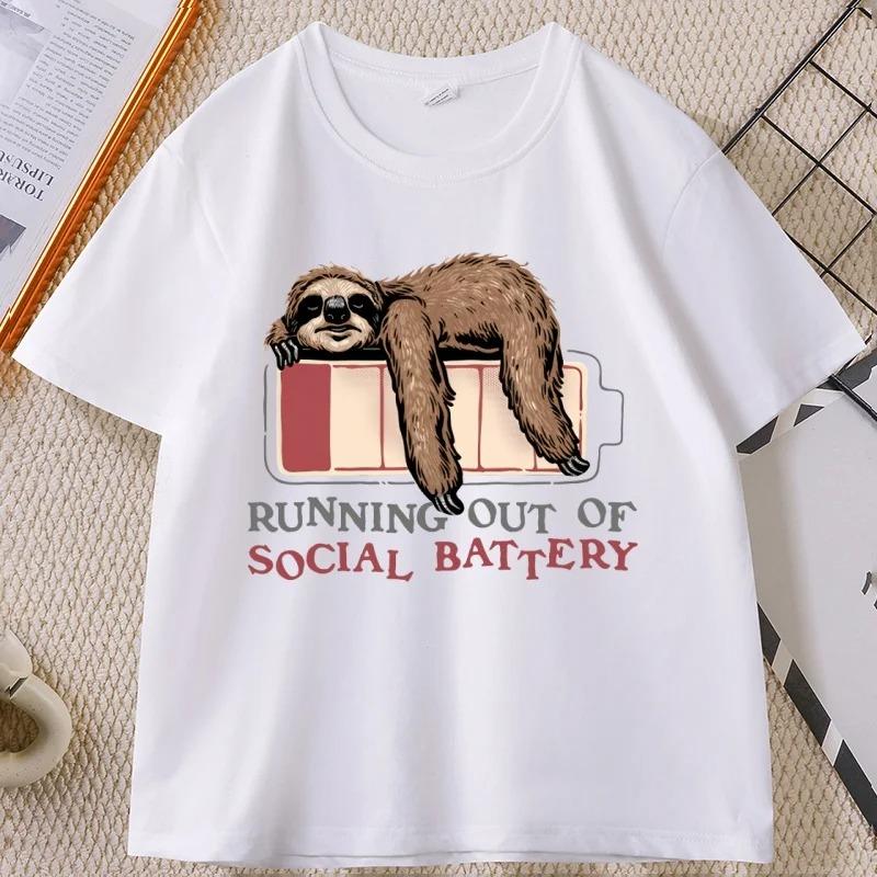 

Oversized Black Cotton Casual Graphic T-Shirt Featuring a Lazy Sloth on a Low Battery and the Sarcastic Quote Running Out of Social Battery XXXL