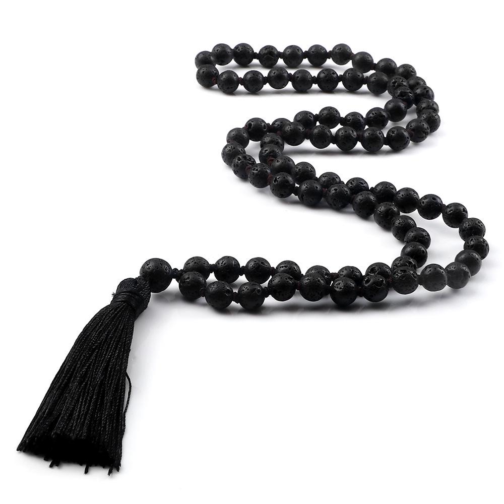 European 8mm Stone Bead Tassel Necklace and Multi-Strand Buddhist Bead Bracelet