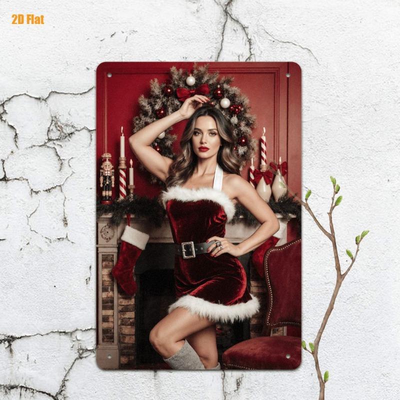Noel Pin-Up Kızları Metal Tabela, Ofis Hediyesi Duvar Dekoru 20x30cm