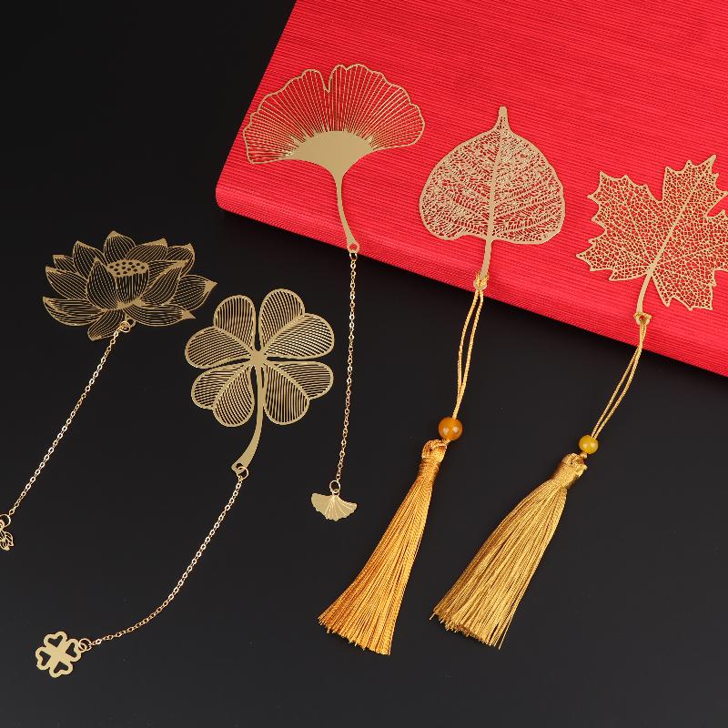 Chinese Style Stationery Retro Metal Bookmarks Hollow Ginkgo Biloba Maple Leaf Lotus Vein Book Marks Gifts