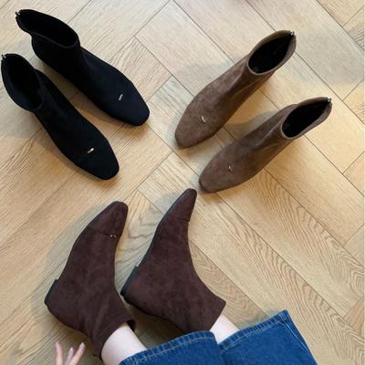 2025 New Round Head Inner Sloping Heel Suede Rear Zipper Low Tube Thin Martin Women's Short Boots