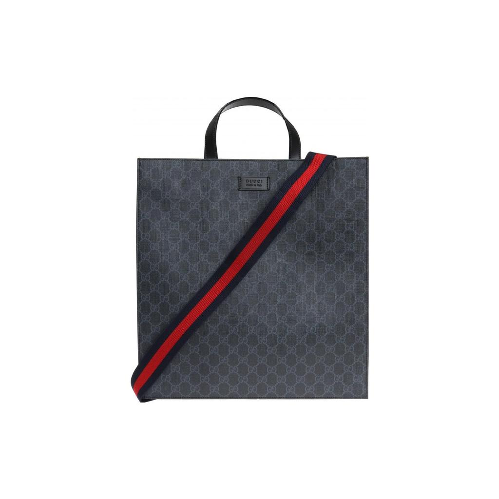 Gucci Large Vertical Logo Stripe Web Shoulder Strap Canvas And Leather Tote Bag Men Tote Black Gray 495559-K5IAN-1095