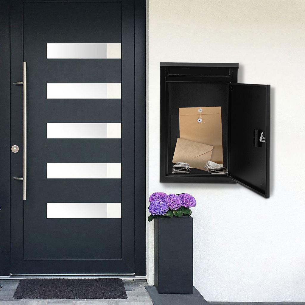 Carbon Steel Parcel Drop Box,Black Rectangular Wall-Mounted Package Delivery Box 14.96*11.42*25.4in/16.5*13.8*25.4in for Homes