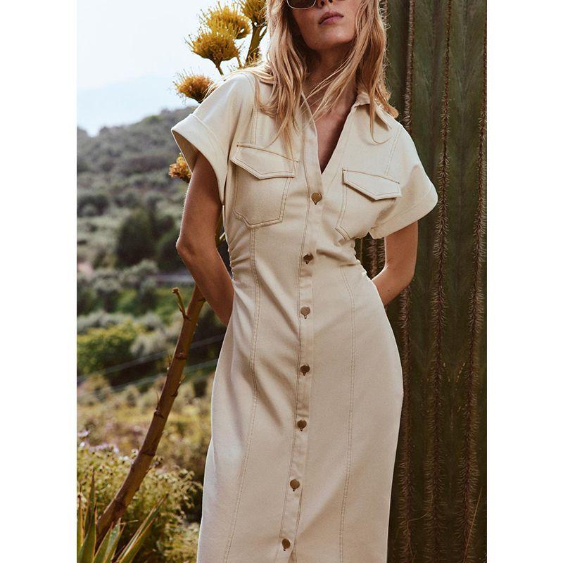 Summer New Women Clothes Lapel Waist Pleated Short Sleeve Temperament Midi Dress 3220622 2284576