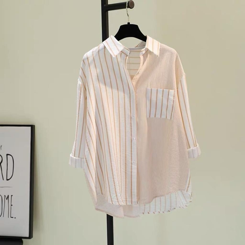 Cotton and Linen, Single Pocket, Color Blocked, Striped Shirt, Women's, Spring New Style, Loose, Casual Shirt, Top