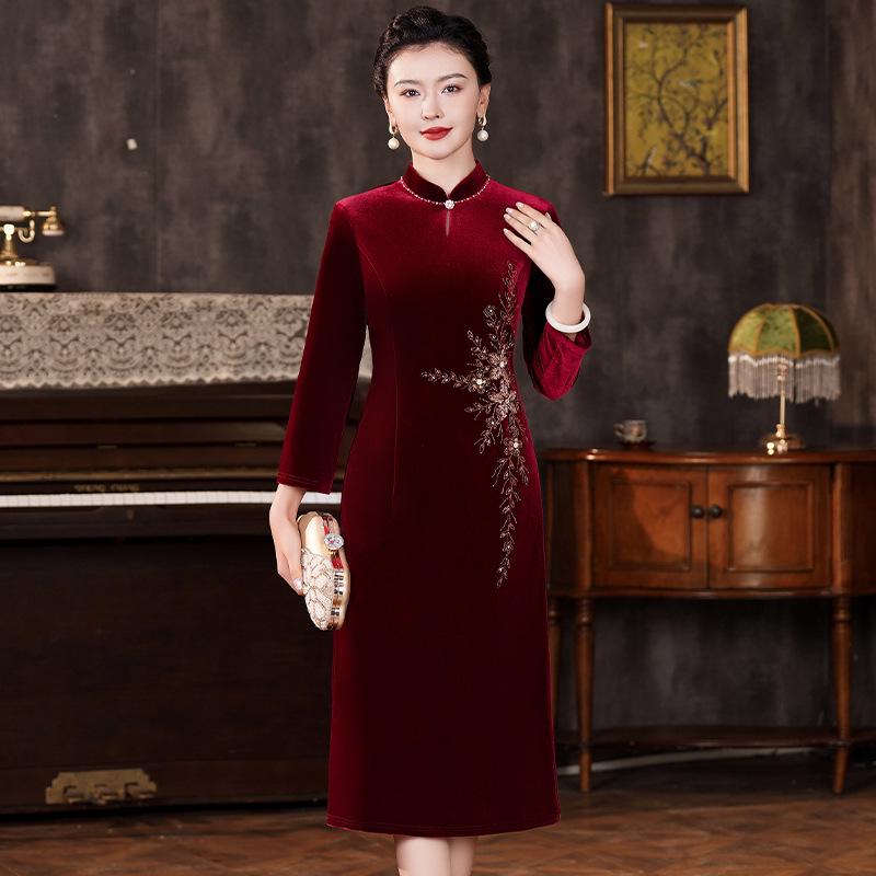 Элегантное бархатное ципао - Платье матери жениха, Большой размер, Осень/Зима 3XL