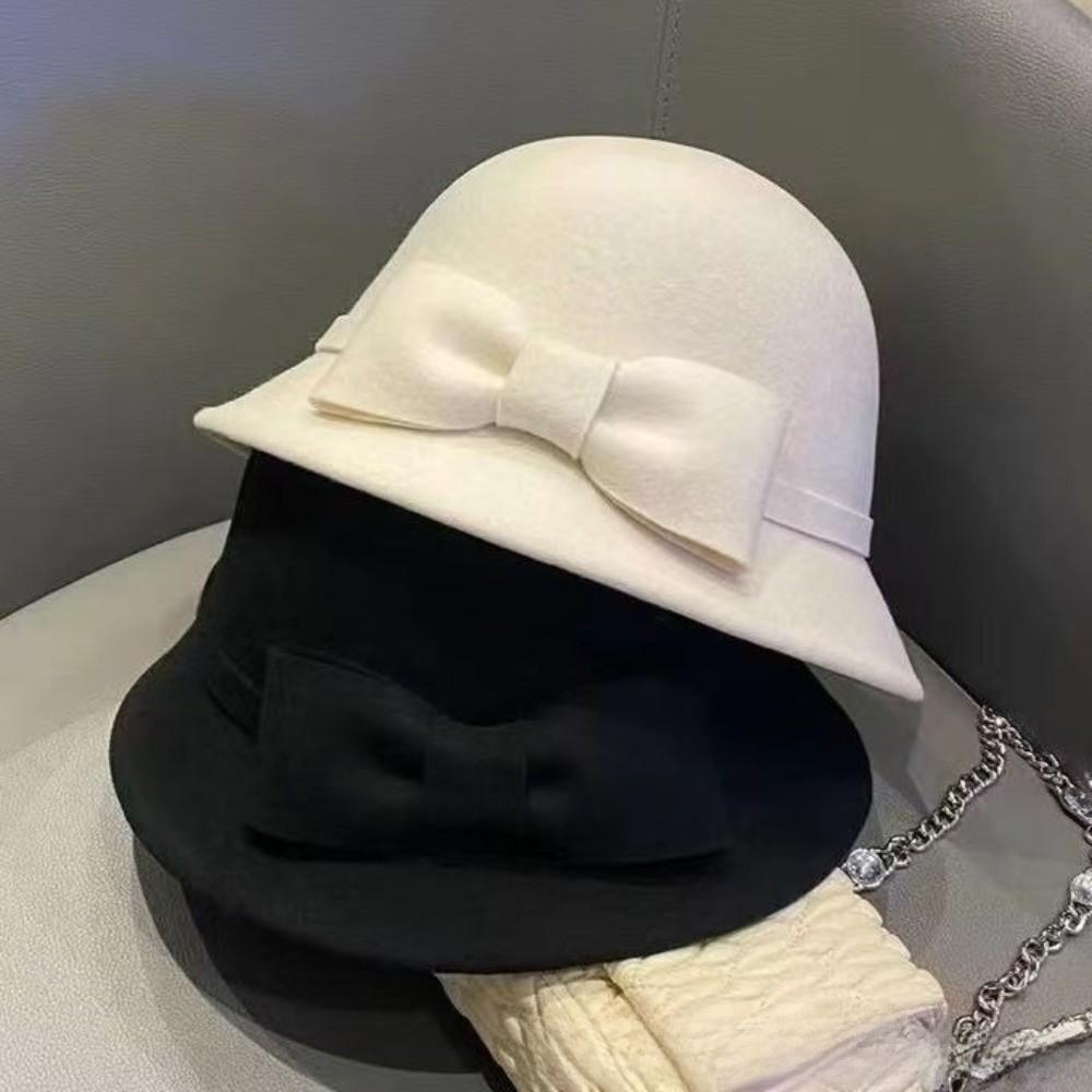 Keep Warm Bow Topper Hat Solid Color Woolen Bucket Hat Simple Women Fisherman Hat Autumn Winter