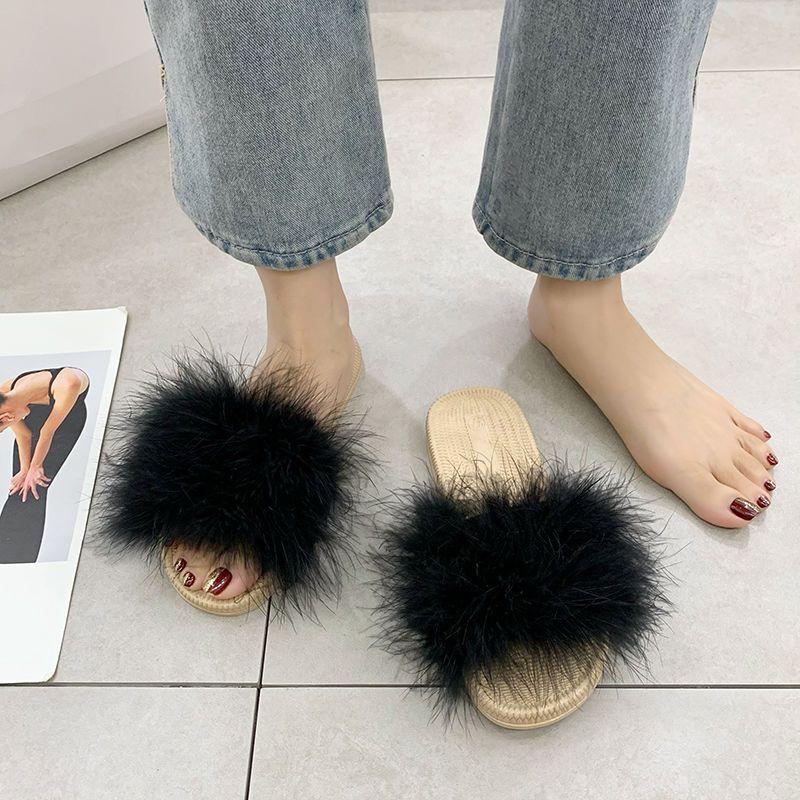 Pantofle Ploché Dámské Pantofle Huňaté Sandály Guma Léto Off White Boty pro Ženy 2024 Chlupaté Nadýchané Juniorské Nová Móda Jedinečné 39