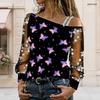 Plus Size Women Diagonal Shoulder Long Sleeve Top Tropical Botanical Floral Print Mesh Lace Splicing Blouse