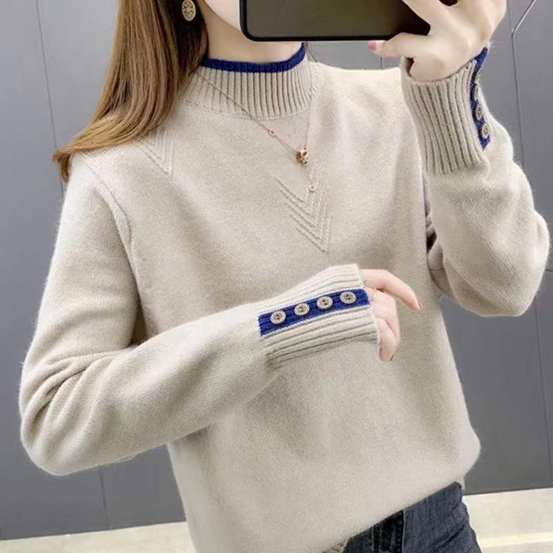 Autumn and Winter New Women's Loose Outside The Short Section of Semi-high Neck Sweater Long-sleeved Inner Take Foreign-style Knitted Bottoming Shirt
