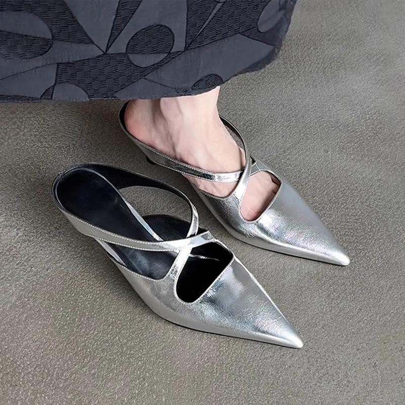 

Fashion Elegant Leather Muels Sandals Women Sexy Pointy Toe Cross Strap Design Slide Sandals Luxury Party Dress Heels Sandalias De Mujer 39 серебряный