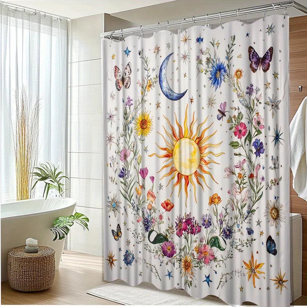 1Pc Sun And Moon Shower Curtain With Floral And Butterfly Design, Polyester Fabric, Bathroom Decoration, Included 12 Hooks,