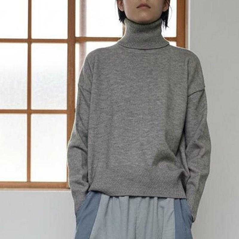

Johnature Women Vintage Pullover Turtleneck Sweaters Solid Color Long Sleeve Knitted Autumn Soft Sweaters One Size сірий колір