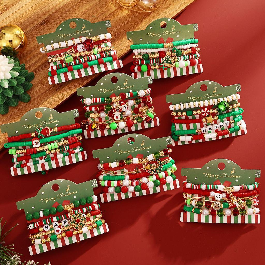 Christmas Reindeer Bell Alloy Bracelet Set with Colorful Polymer Clay for Women