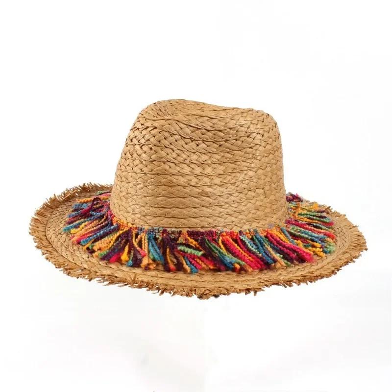 Girl's Fashion Gifts MultiColored Tassel Grass Hat for Sun Shading Sun Protection Breathable Weaving Wide Brim Grass Hat Gifts LS