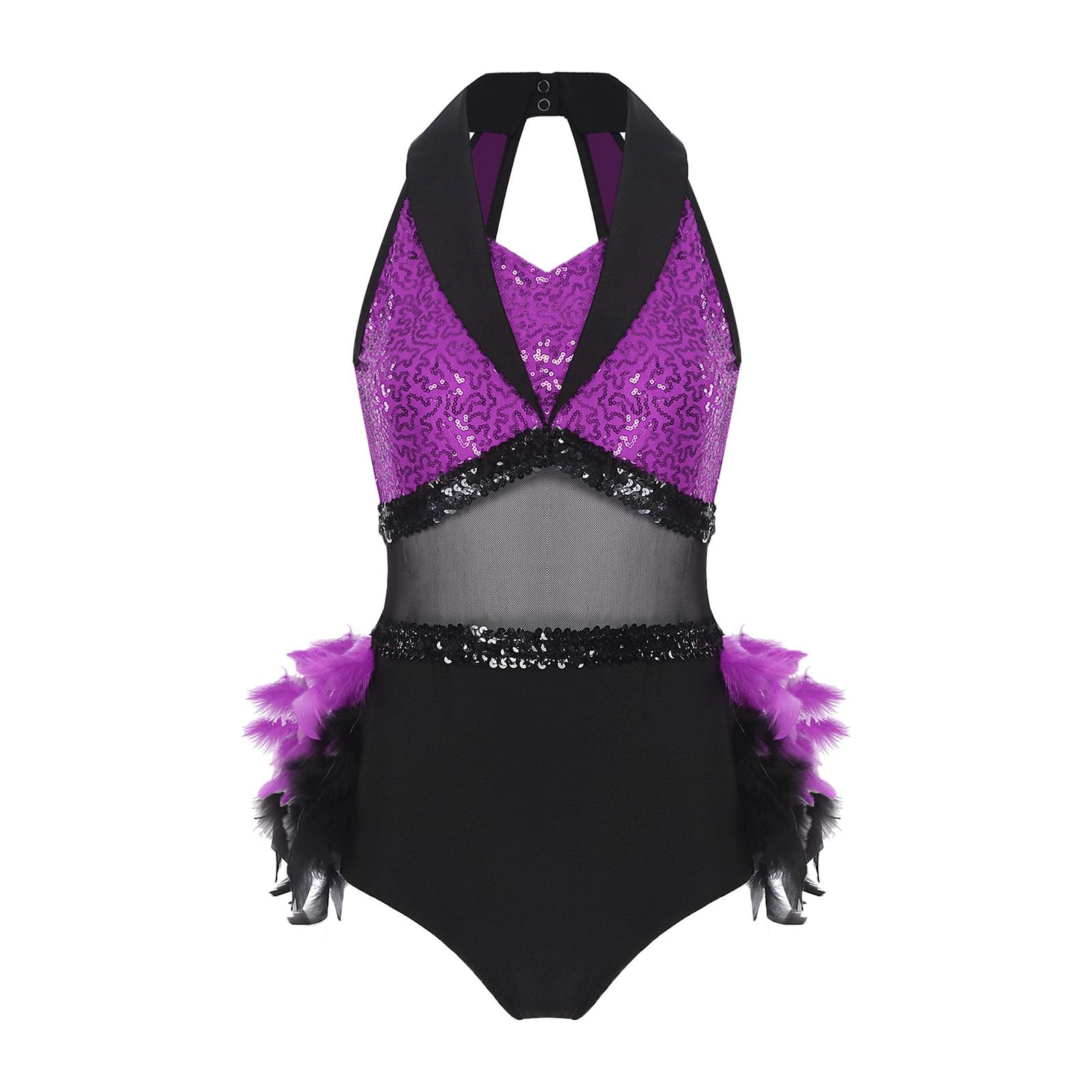 Damen Glitzernder Pailletten Farbblock Body Netz-Taille Feder Saum Ärmelloser Cutout Leotard M violett