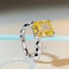 Princess Square S925 Sterling Silver Ring with Yellow Four-Claw Diamond - European & American Style, Non-Fading