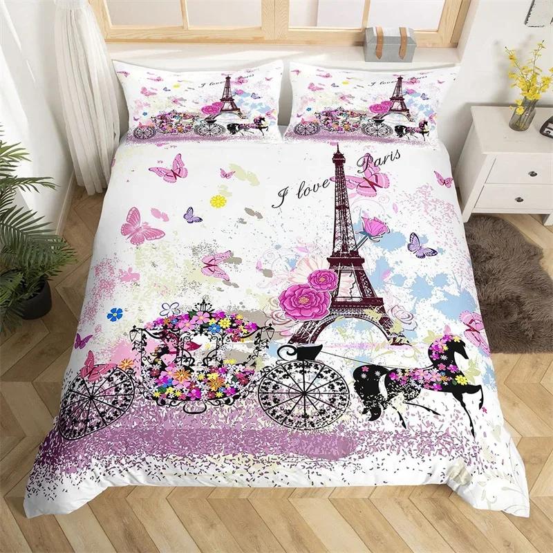 Eiffel Tower Duvet Cover Set Twin King Size Paris Tower Comforter Cover Microfiber Flower Butterfly Bedding Set For Girls Teens