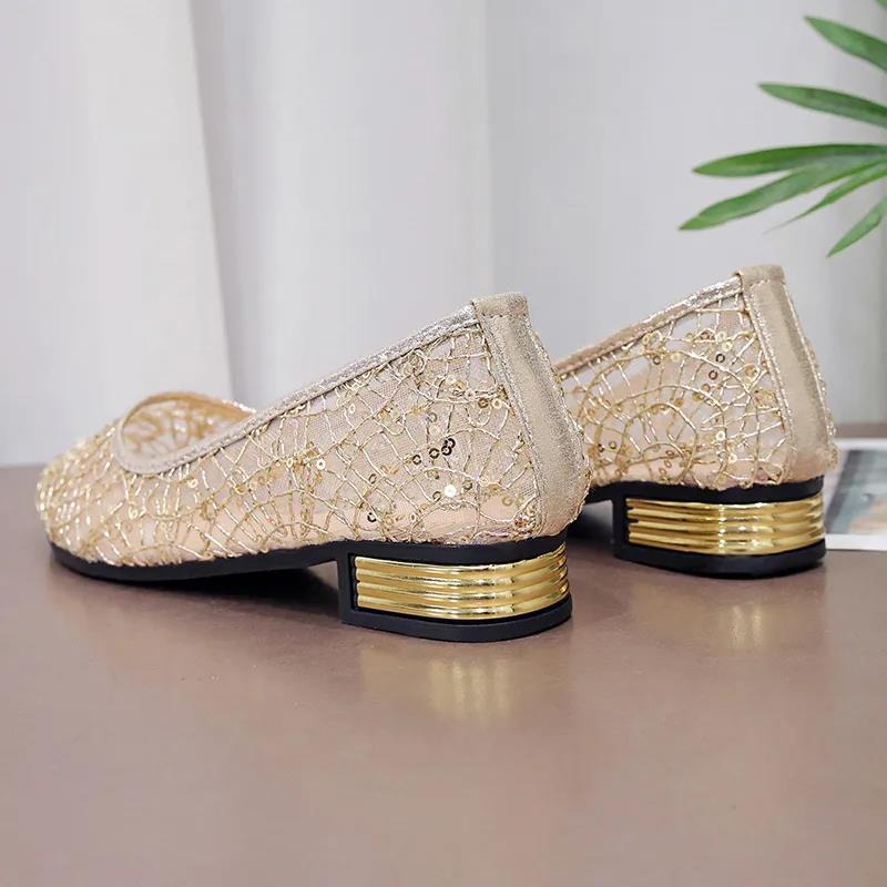 Women's Spring Summer All-match Mesh Sandals Plus Size Solid Color Thick Heel Flat Lace Shoes