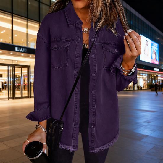 Women's Oversized Denim Jacket Button Up Distressed Jean Jacket Long Sleeve Frayed Hem Shacket Casual Fall Outfits
