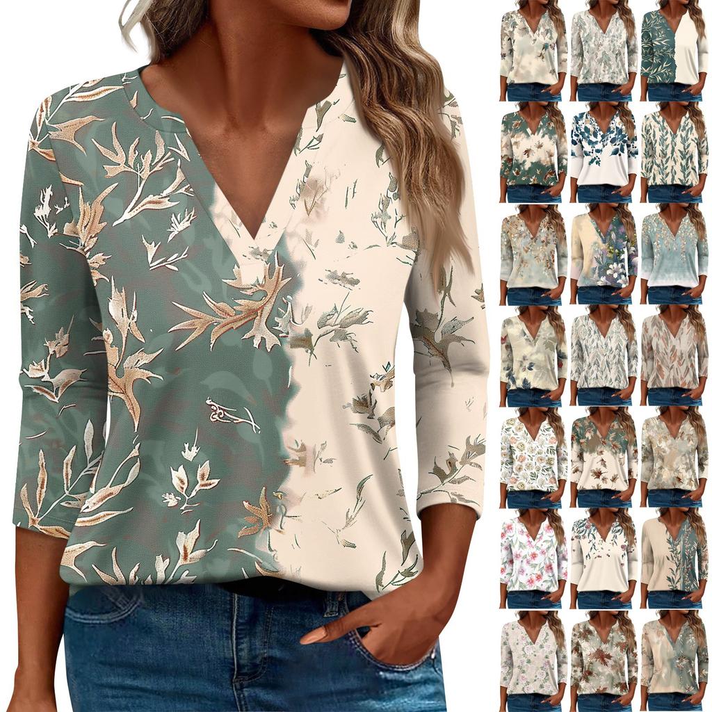 Women's T Shirt Tee Print Button  3/4 Sleeve Daily Weekend Fashion Basic V- Neck Regular Top