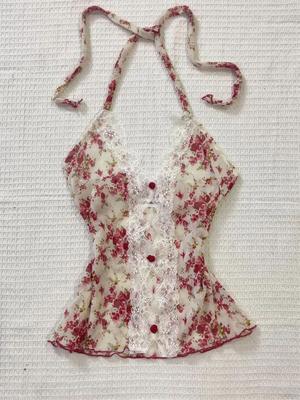 Verão 2025 Mulher Floral Halter Renda Blusa 2025 Vintage Sexy Ajuste Slim Fada Moda Coreana Feminino Tops Looks Estilo Elegante