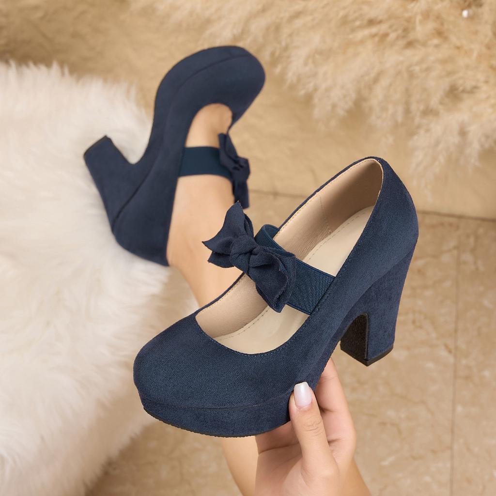 Large Size 43 Sexy High Heels Shoes for Women Bow Elastic Band Chunky Platform Pumps Woman Black Flock Square Heel Party Shoes