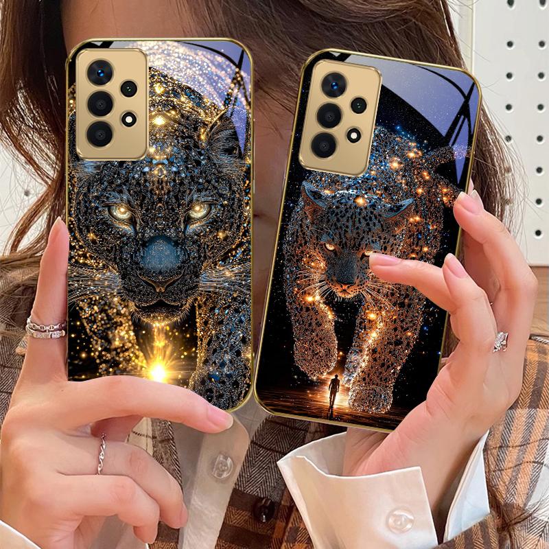 Stella Leopardo Gigante Per Samsung A73 A72 A71 A42 A56 A55 A54 A53 A52s A52 A51 A36 A35 A34 A33 A32 16 14 Custodia per telefono in vetro dorato