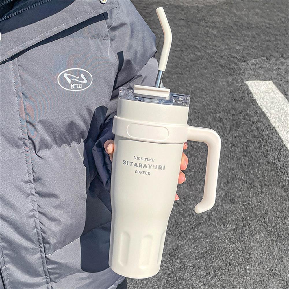 

1pc Stainless Steel Ice Tumbler 38.55oz Insulated Cup with Handle & Straw Keeps Cold for 24 Hrs Car Insulation Cup Coffee Water 1140ml белый