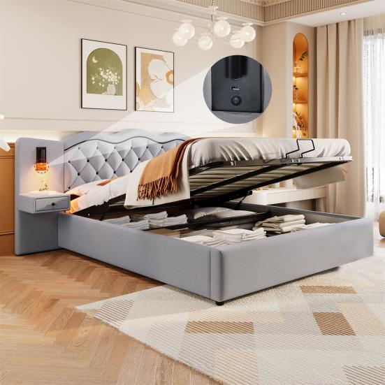 Tweepersoonsbed 180x200cm Plat Bed, Gestoffeerd Geïntegreerd Hoofdbord, Hydraulisch Hefmechanisme, Zacht met LED-Verlichtingsstrip USB-Aansluiting, Twee