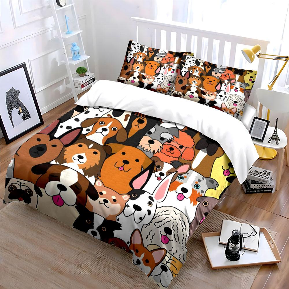 Colorful Dog-Themed Decor Set Bedding Set with 1 Duvet Cover 2 Pillowcases Single Double King Queen, Gift