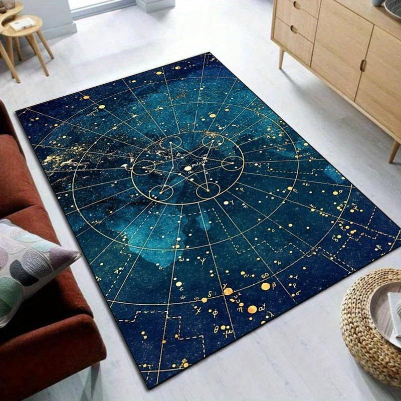 Starry Sky Constellation Rug - Large Area Rugs for Living Room, Blue Galaxy Carpet with Zodiac Signs, Modern Home Decor