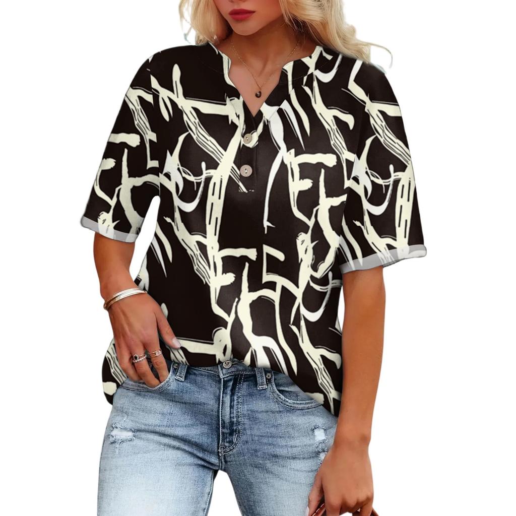 Ladies Casual Fashion V-Neck Button Floral Print Short Sleeve Top