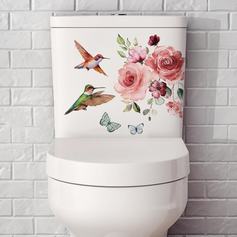 Hummingbird Flower Toilet Sticker Self-Adhesive Bathroom Waterproof Decoration Removable Wall Art