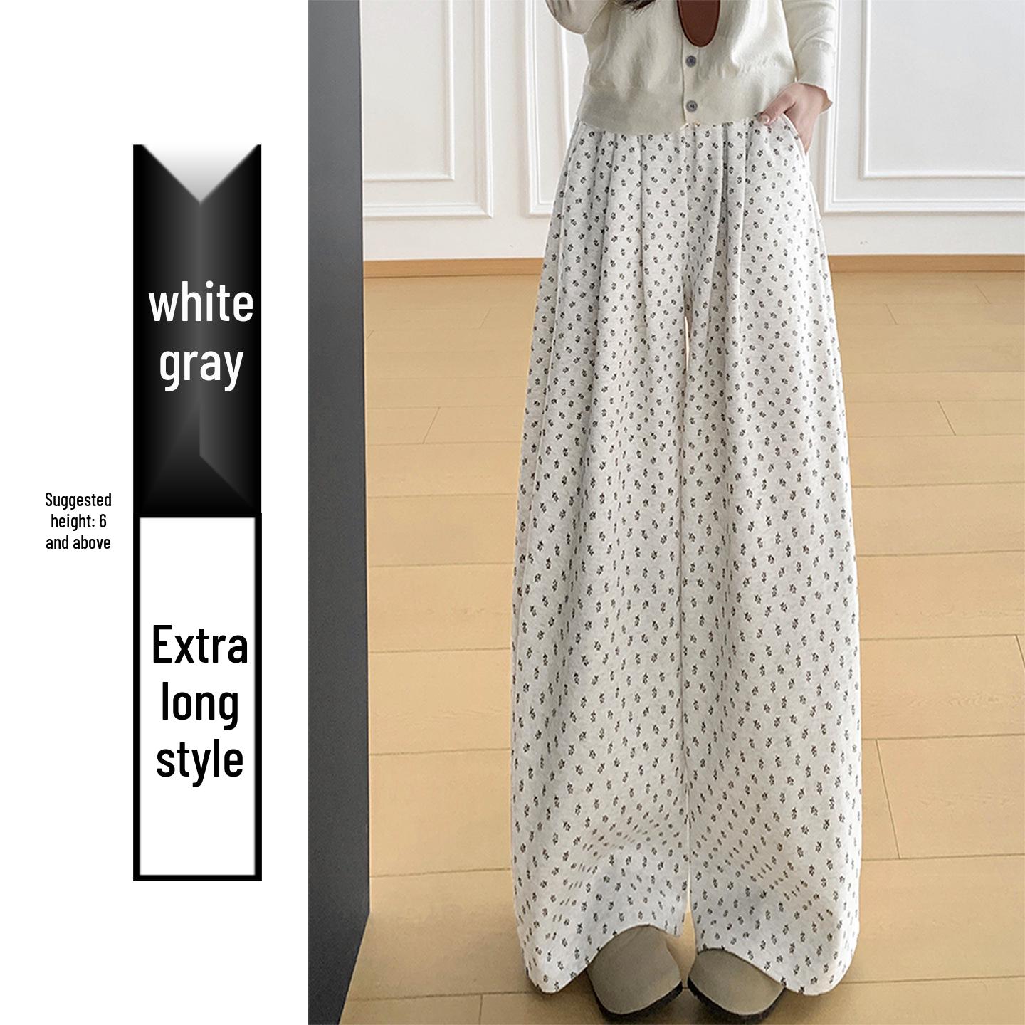 Women’s Light Gray Casual Floral Cropped Wide-Leg Pants - High-Waisted Slimming, Spring 2026 L